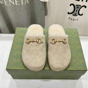 Gucci GG Suede Shearling Mules - With Box